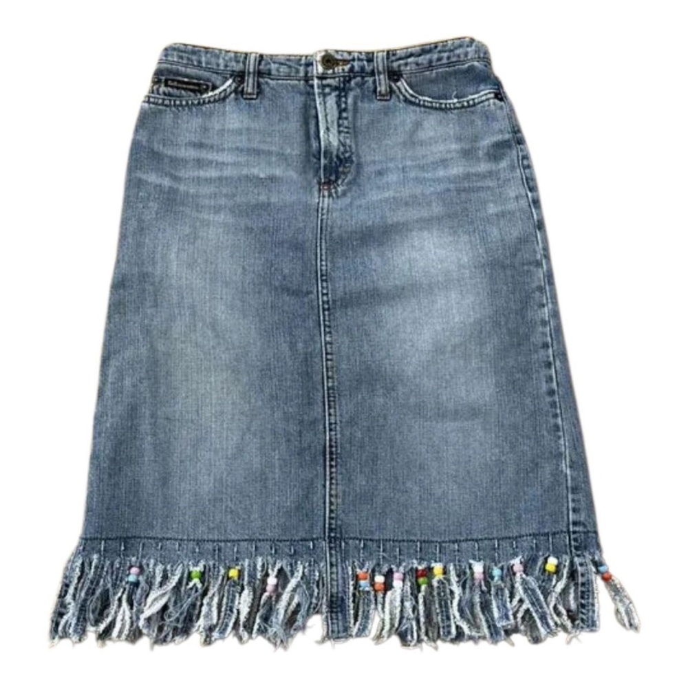 Dolce & Gabbana Blue Denim Midi Skirt with Beaded Fringe